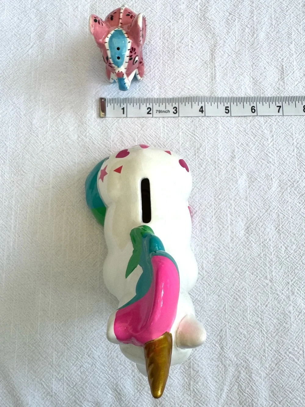 Vintage Elephant Salt Shaker and a Unicorn Piggy Bank. Ceramic Kitsch.